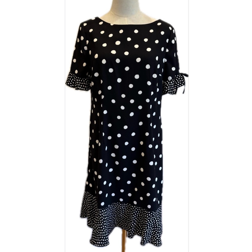 Talbots NWOT Polka Dot Black and White Ruffled Sleeves Hem Sheath Dress 8P